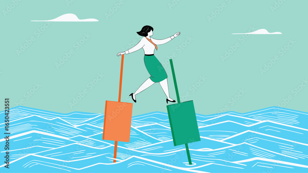 Fototapeta premium try new opportunities in business investment, navigating stock market volatility, make a decision to buy shares, profitable business, woman investor moves to buoy from growing investment bar chart