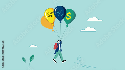return on investment or dividend leads to financial freedom, compound interest growth on capital, successful investment strategy, businessman flying using balloon with dollar icon and growth graph