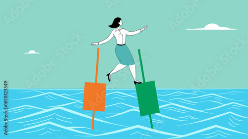try new opportunities in business investment, navigating stock market volatility, make a decision to buy shares, profitable business, woman investor moves to buoy from growing investment bar chart