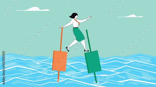 try new opportunities in business investment, navigating stock market volatility, make a decision to buy shares, profitable business, woman investor moves to buoy from growing investment bar chart