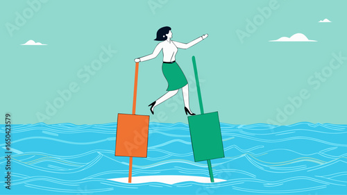 try new opportunities in business investment, navigating stock market volatility, make a decision to buy shares, profitable business, woman investor moves to buoy from growing investment bar chart
