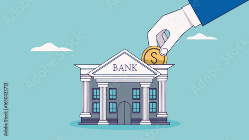 deposit money in a bank vector illustration, object financial investment, cash deposit to the bank, profit in crease concept, businessman hand putting golden coin into bank building concept design