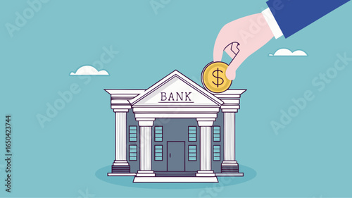 deposit money in a bank vector illustration, object financial investment, cash deposit to the bank, profit in crease concept, businessman hand putting golden coin into bank building concept design