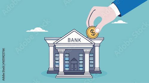 deposit money in a bank vector illustration, object financial investment, cash deposit to the bank, profit in crease concept, businessman hand putting golden coin into bank building concept design