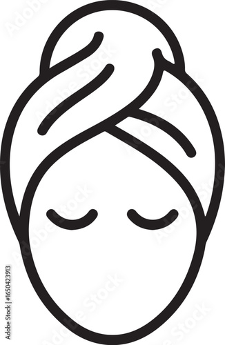 Minimalist line art icon of a woman s face with eyes closed and towel wrapped hair
