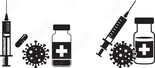 Two medical syringes and vials with virus symbols in a black and white silhouette