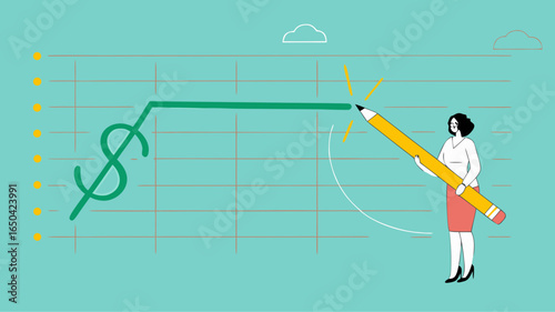 stock price rising up, business woman draws a graph of rising stock prices with a pencil concept vector illustration