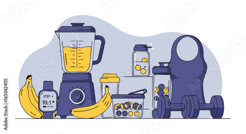 Fitness and nutrition flat line art concept showing a smoothie blender, dumbbell, smartwatch, and healthy food for an active lifestyle