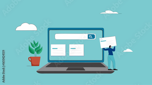 website development, create an online business site, build landing page homepage layouts for business growth, businessman bring web banner icons to build online site on computer laptop screen