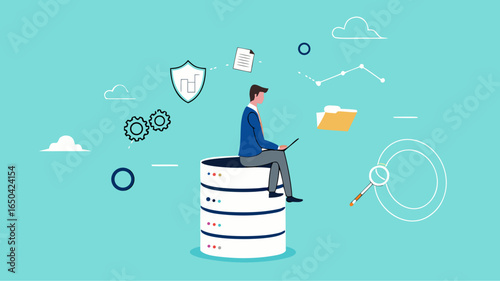 database system, cloud computing technology or file document archive, database administration concept, data network management, security or search, man work with laptop on database server