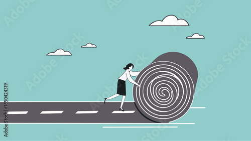 create a new career path for business success, start new opportunity to achieve target or goals, businesswoman making a road from asphalt carpet concept illustration
