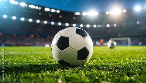 Soccer Ball in a Stadium with Bright Lights and Green Grass Close Up
