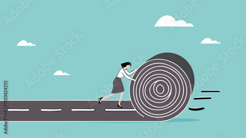 create a new career path for business success, start new opportunity to achieve target or goals, businesswoman making a road from asphalt carpet concept illustration