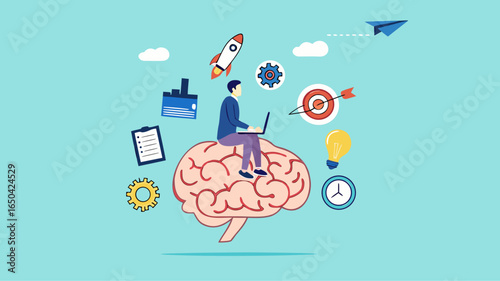 Genius and Expert at learning new skills With Accelerated Learning, intelligence or competence to develop self-capacity, capacity building, man work on human brain with business management elements