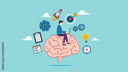 Genius and Expert at learning new skills With Accelerated Learning, intelligence or competence to develop self-capacity, capacity building, man work on human brain with business management elements