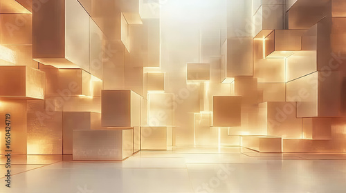 Abstract architectural interior, glowing golden cubes