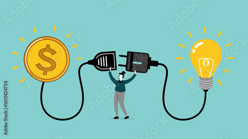 exchanging knowledge or science for money for a business or start up project, new business idea to get money, businessman connect plug with light bulb idea to money concept vector illustration