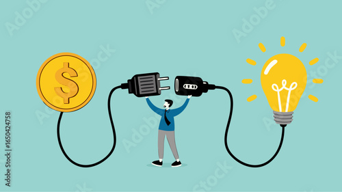 exchanging knowledge or science for money for a business or start up project, new business idea to get money, businessman connect plug with light bulb idea to money concept vector illustration