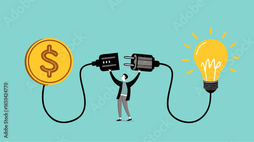 exchanging knowledge or science for money for a business or start up project, new business idea to get money, businessman connect plug with light bulb idea to money concept vector illustration