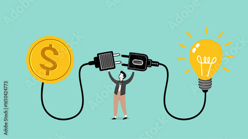 exchanging knowledge or science for money for a business or start up project, new business idea to get money, businessman connect plug with light bulb idea to money concept vector illustration