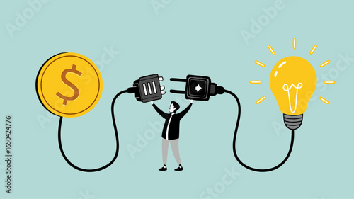 exchanging knowledge or science for money for a business or start up project, new business idea to get money, businessman connect plug with light bulb idea to money concept vector illustration