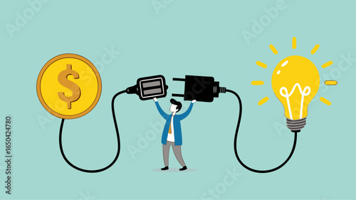 exchanging knowledge or science for money for a business or start up project, new business idea to get money, businessman connect plug with light bulb idea to money concept vector illustration