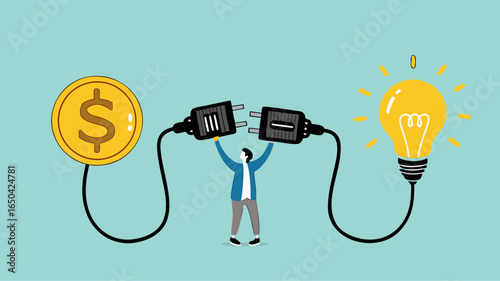 exchanging knowledge or science for money for a business or start up project, new business idea to get money, businessman connect plug with light bulb idea to money concept vector illustration