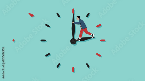 trying to get time back, extension of time to complete the work, businessman tries to turn back the clock to rewind time concept vector illustration