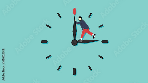 trying to get time back, extension of time to complete the work, businessman tries to turn back the clock to rewind time concept vector illustration