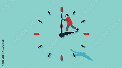 trying to get time back, extension of time to complete the work, businessman tries to turn back the clock to rewind time concept vector illustration