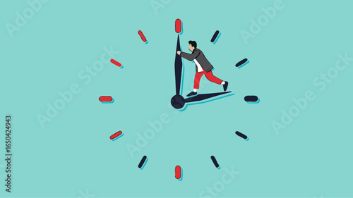 trying to get time back, extension of time to complete the work, businessman tries to turn back the clock to rewind time concept vector illustration