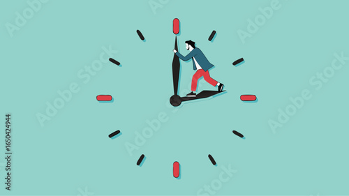 trying to get time back, extension of time to complete the work, businessman tries to turn back the clock to rewind time concept vector illustration