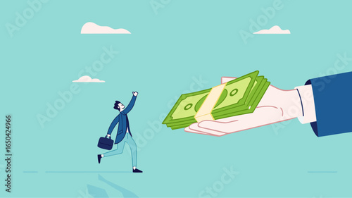 receive payment, reward or employee benefits, wages payment or bonus, bill payment, annual bonus, salary payment concept, happy worker receives money banknotes from businessman hand concept vector