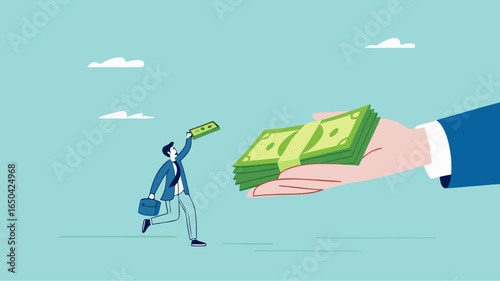 receive payment, reward or employee benefits, wages payment or bonus, bill payment, annual bonus, salary payment concept, happy worker receives money banknotes from businessman hand concept vector
