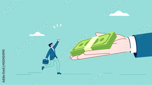 receive payment, reward or employee benefits, wages payment or bonus, bill payment, annual bonus, salary payment concept, happy worker receives money banknotes from businessman hand concept vector