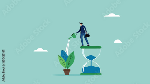 ESG, Environmental social and governance, sustainable business, industry using environmentally friendly energy or renewable energy, businessman watering sustainability light bulb on top of hourglass