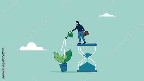 ESG, Environmental social and governance, sustainable business, industry using environmentally friendly energy or renewable energy, businessman watering sustainability light bulb on top of hourglass