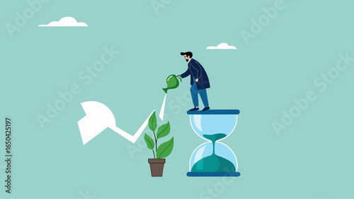 ESG, Environmental social and governance, sustainable business, industry using environmentally friendly energy or renewable energy, businessman watering sustainability light bulb on top of hourglass