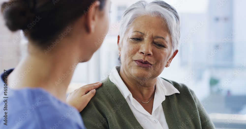 Caregiver, comfort and senior woman at house for consultation, assistance and medical results. Nurse, support and elderly person with healthcare advice, helping hand and patient diagnosis at homecare