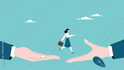 Change job or leaving company for new career opportunity, try new opportunities in business to achieve a career or good future, businesswoman jumps from the hands of the old businessman to the new one