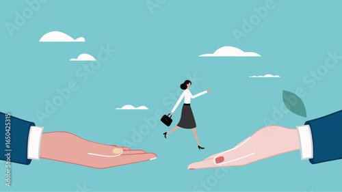 Change job or leaving company for new career opportunity, try new opportunities in business to achieve a career or good future, businesswoman jumps from the hands of the old businessman to the new one