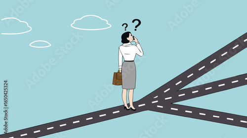 confused businesswoman in determining career path, make a career path decision, choosing concept, confused businesswoman standing at a crossroads determining the direction of her career path