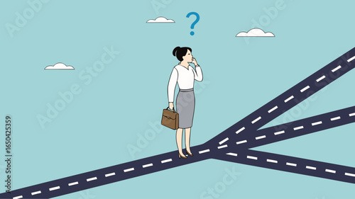 confused businesswoman in determining career path, make a career path decision, choosing concept, confused businesswoman standing at a crossroads determining the direction of her career path