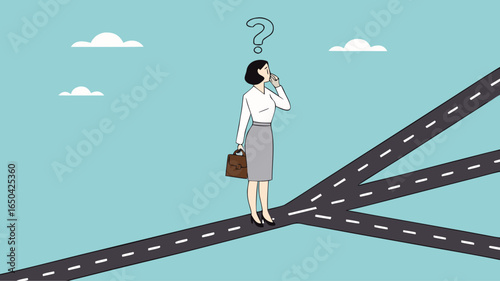 confused businesswoman in determining career path, make a career path decision, choosing concept, confused businesswoman standing at a crossroads determining the direction of her career path