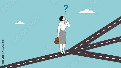 confused businesswoman in determining career path, make a career path decision, choosing concept, confused businesswoman standing at a crossroads determining the direction of her career path