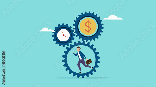 effort and time to make money with businessman running with full effort in gears to turn time and make money, experience and persistence for career success, long-term investment success concept