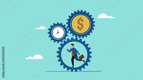 effort and time to make money with businessman running with full effort in gears to turn time and make money, experience and persistence for career success, long-term investment success concept