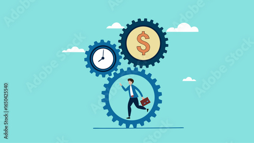 effort and time to make money with businessman running with full effort in gears to turn time and make money, experience and persistence for career success, long-term investment success concept