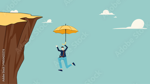 insurance, health or life insurance, guarantee or personal protection from the dangers of accident or disease, businessman survived using an insurance umbrella when he fell from a cliff