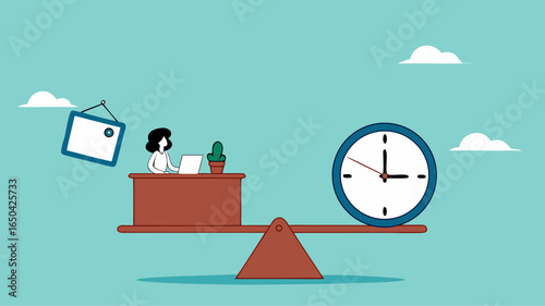work life balance, flexible working hours, time management for work, businesswoman working on desk with seesaw and clock balance concept vector illustration